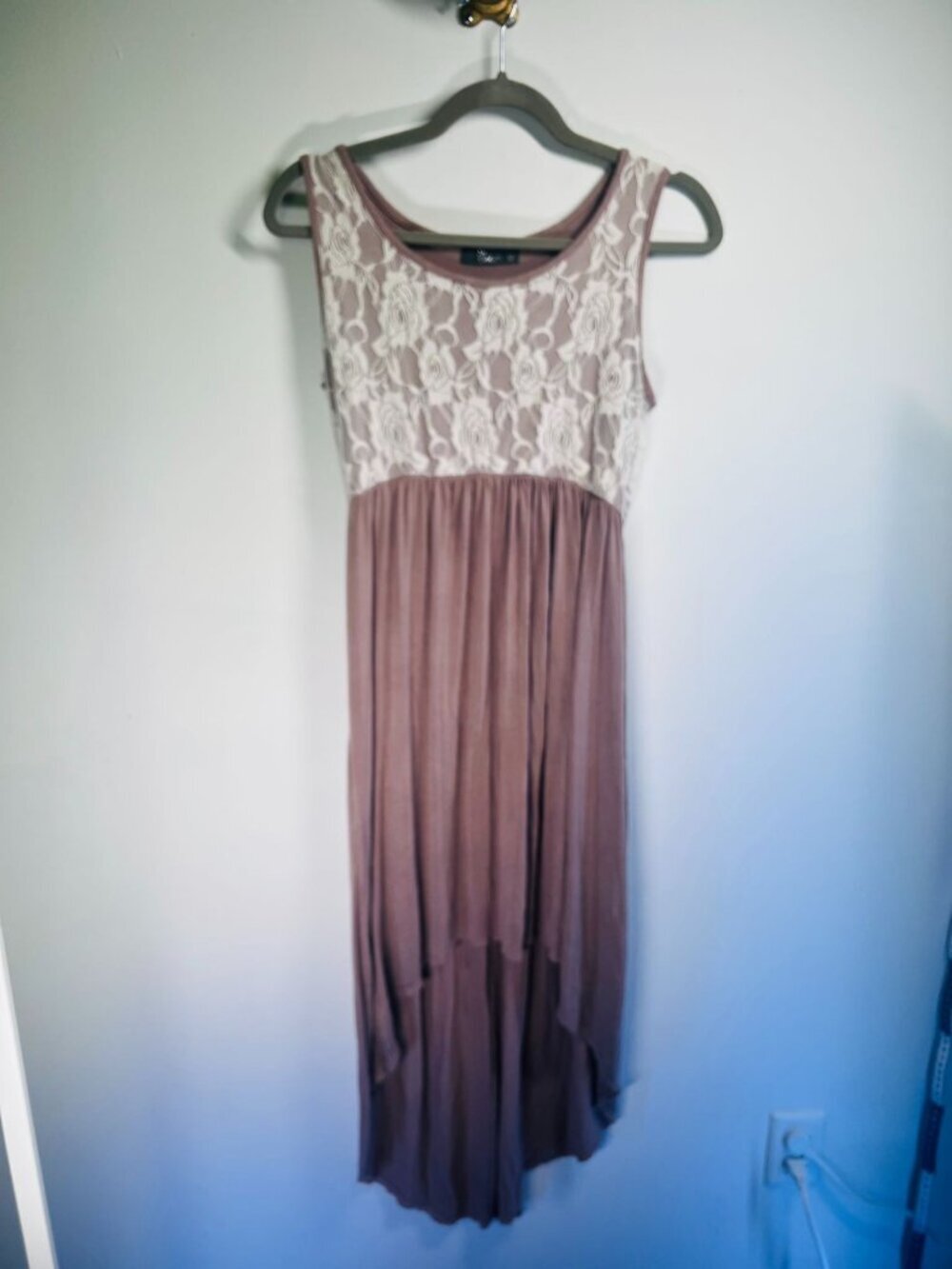 Lime Brown & Ivory Lace High-Low Maxi Dress Womens L Made In USA